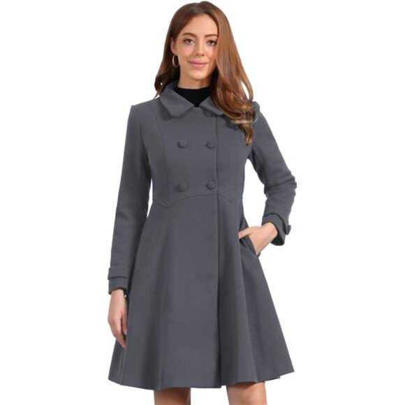Women's Winter Coat Overcoat Lapel Collar Long Swing A Line Grey - Picture 1 of 5